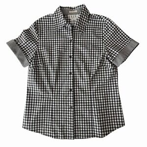 ERENA Button Up‎ Gingham Shirt Sz M Black White Check 3/4 Sleeve Bbq Classic EUC